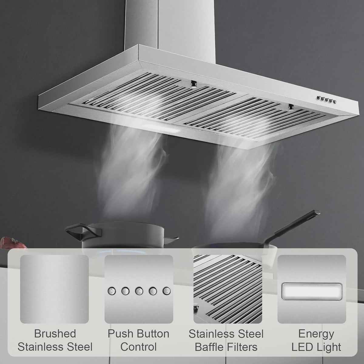 30-inch Wall Mount Range Hood 450CFM - Stainless Steel Kitchen Vent Hood, Ultra Quiet 55dB, Ducted/Ductless Convertible, 3-Speed + LED Light,...