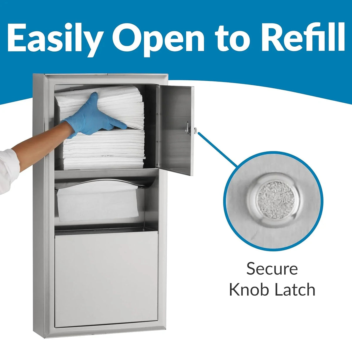 Wall-mounted tissue dispenser and waste paper storage box. Mirror-polished stainless steel material. 2-gallon capacity. Can hold 350 single-layer or 475 multi-layer tissues. Easy to install. Suitable for commercial bathrooms.