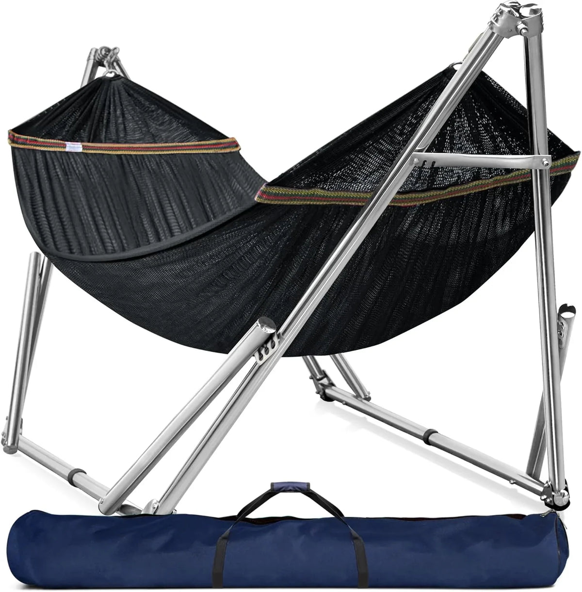 Double hammock with frame, with a load capacity of 650 pounds, double hammock with support rods, made of high-quality 201 stainless steel, assembled in 30 seconds, sturdy and flexible portable hammock frame, suitable for outdoor and indoor use, black