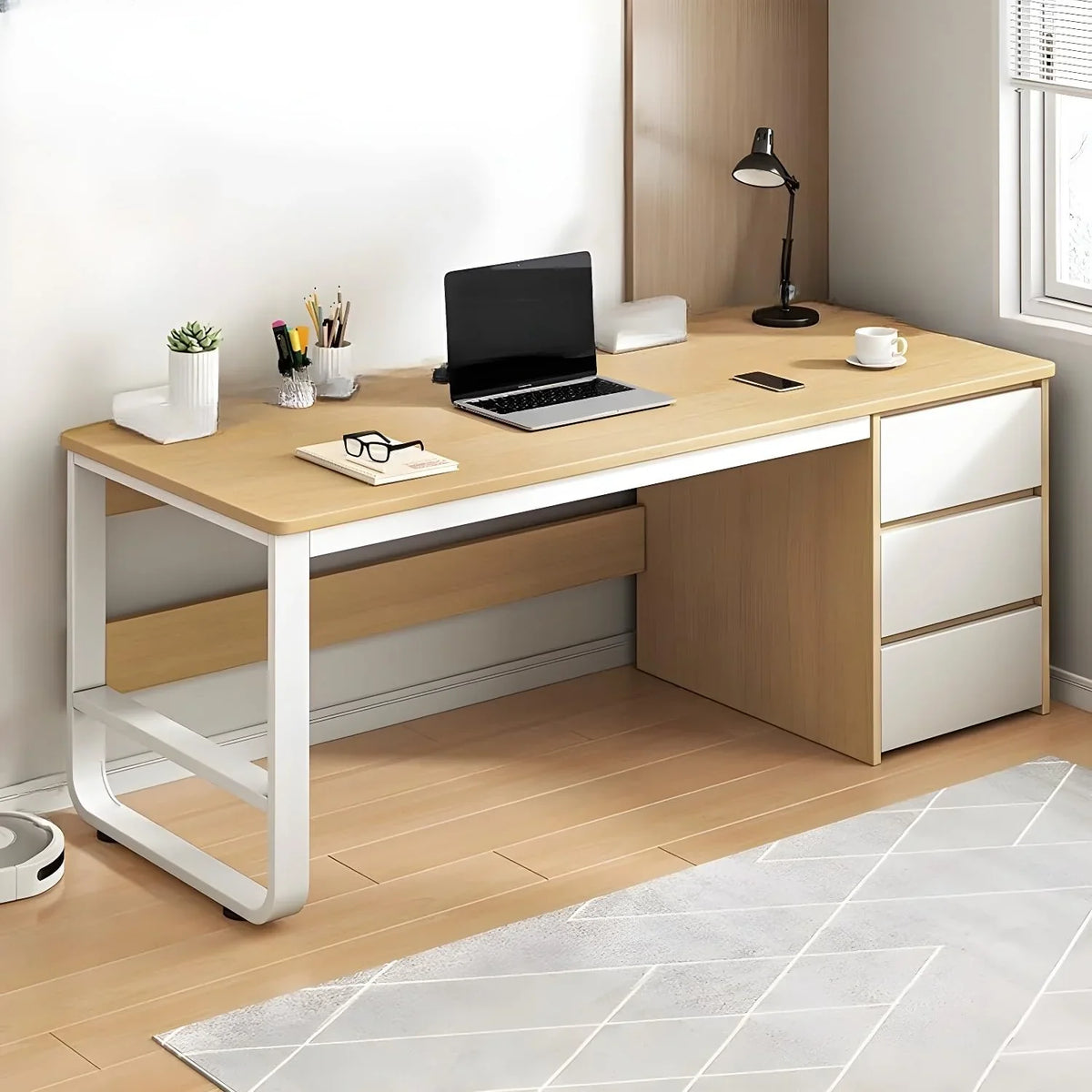 This stylish and modern office desk features an integrated cable management system, a wooden desktop, and a rectangular shape. It comes with three drawers and is ideal for both office and home use. Available in brown, it measures 63 inches in length