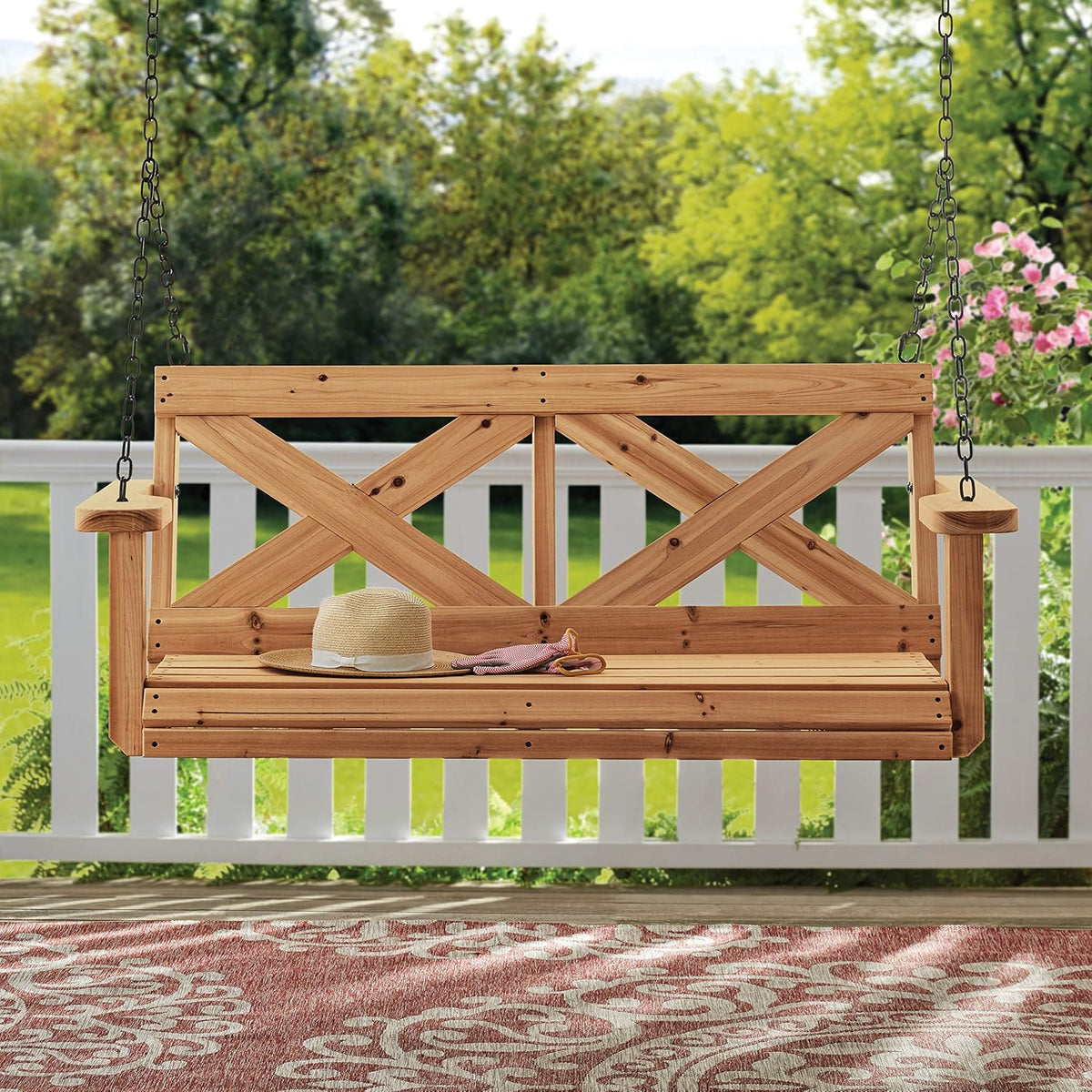 55" Cedar Wood Farmhouse Outdoor Porch Swing Bench with Two-Person Seating, Durable Hanging Chains, Water-Resistant, Heavy-Duty 600 Lbs Weight Capacity for Patio, Deck, Garden