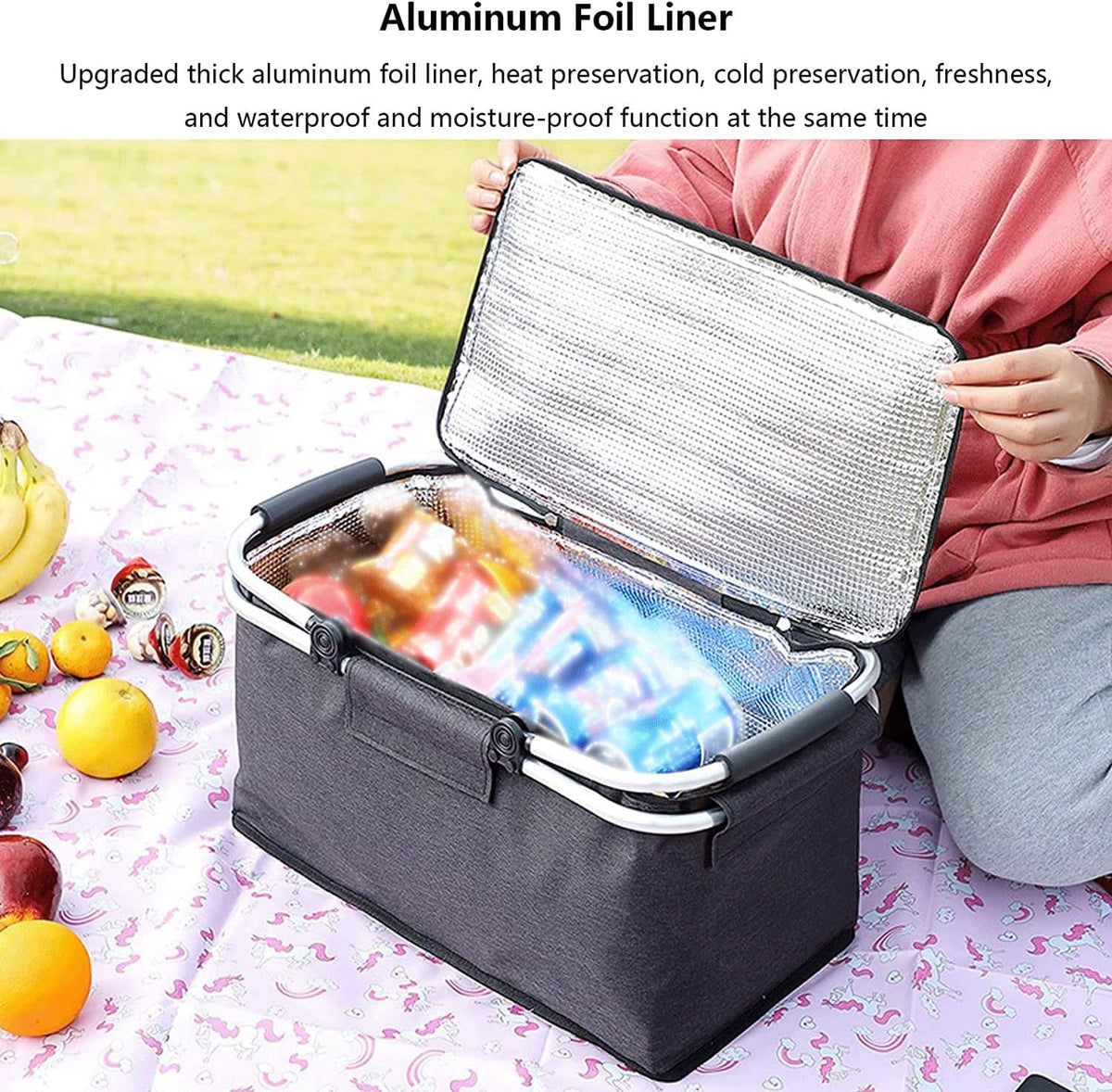 Folding Insulated Cooler Picnic Basket Portable Insulated Lunch Bag Large Lunch Bag with Aluminium Handles for Office Camping Hiking Outdoor Picnic