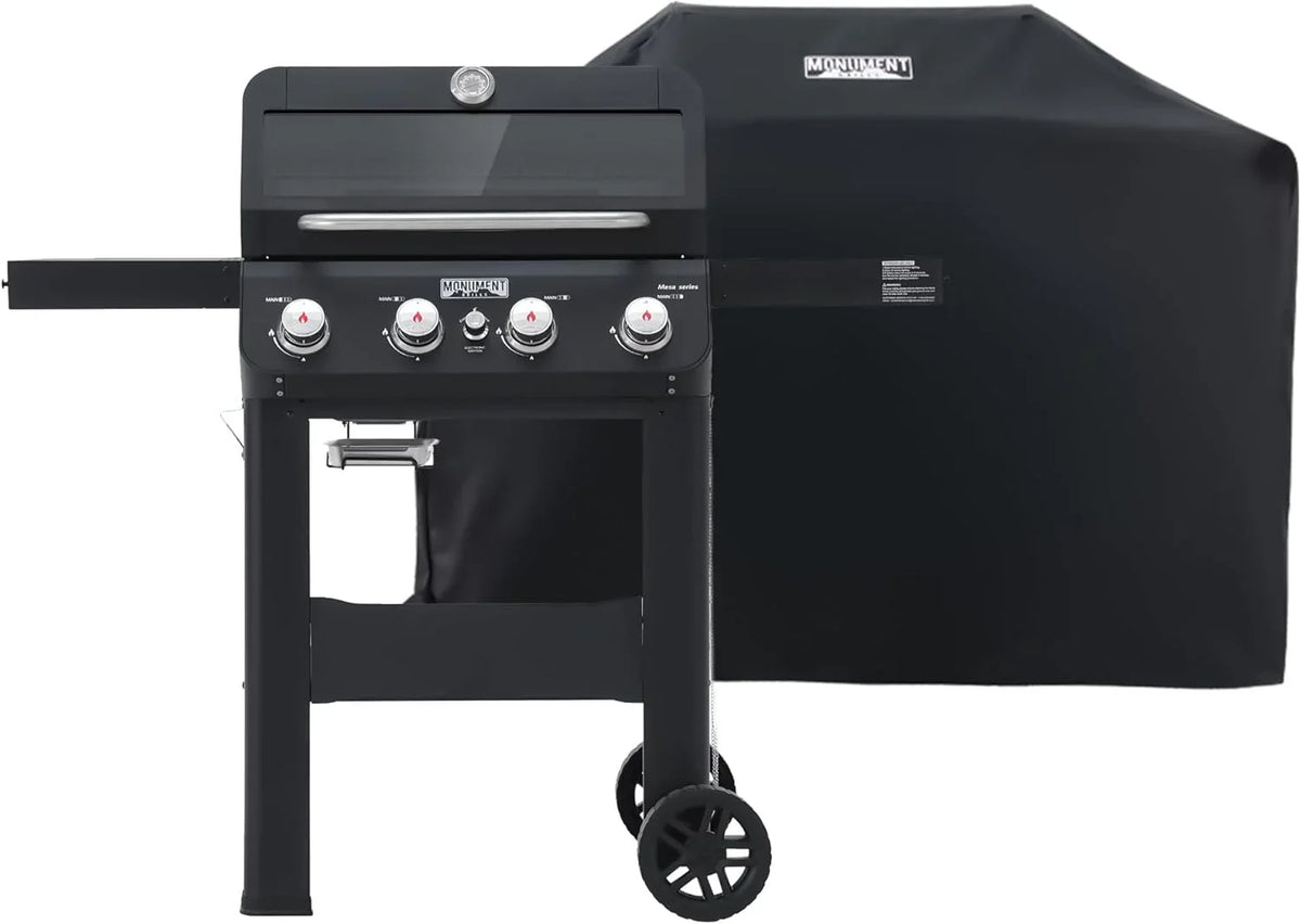 Grills 4-Burner Liquid Propane Gas Grill, Silver Stainless Steel Grill Outdoor Patio Garden Barbecue Grill with Clearview Lid and One Foldable Shelf, Mesa400MF