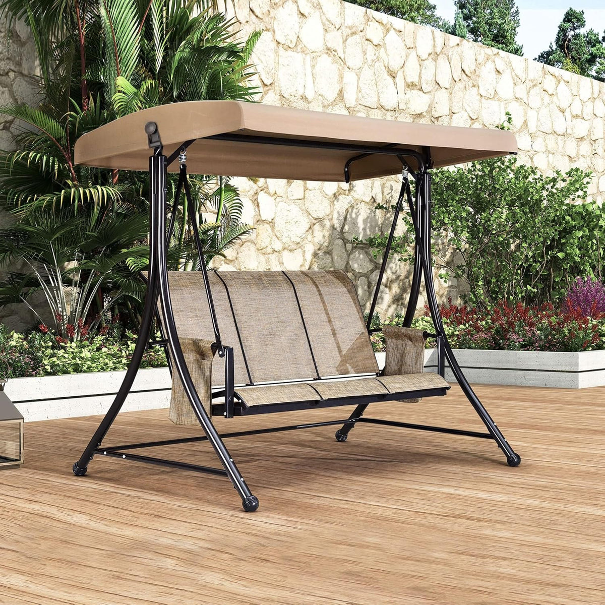 3 luxurious outdoor deck swings, with a weather-resistant steel frame, adjustable tilted canopy, brown model