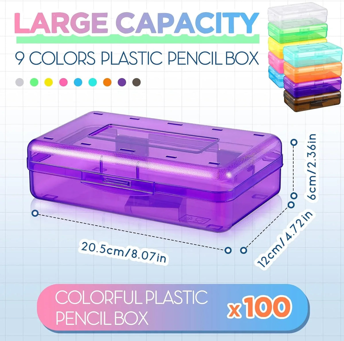 100-piece set. Large-capacity transparent pencil case. Large-capacity hard plastic crayon case. Large-capacity classroom storage box. Suitable for both boys and girls (in various colors)