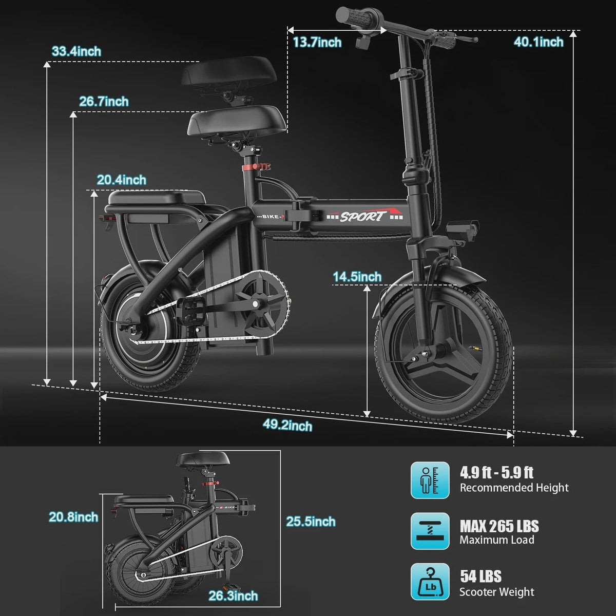 ASKGO Z6 14 in Electric Bike 1200W Motor, 48V/10AH E-Mountain Bike,Folding Electric Bicycle for Adult with Two Seats UL2849,Unisex,Pedal-Assist
