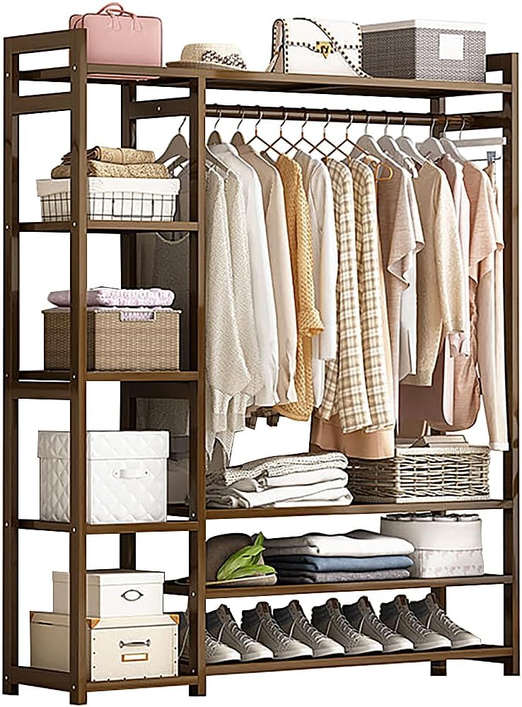Floor-Standing Solid Wood Rotating Coat Rack,Portable Bamboo Clothes Rack - Versatile Closet Organizer with Storage Shelves and Compartments for Bedroom, Entryway, or Living Room - Stylish a