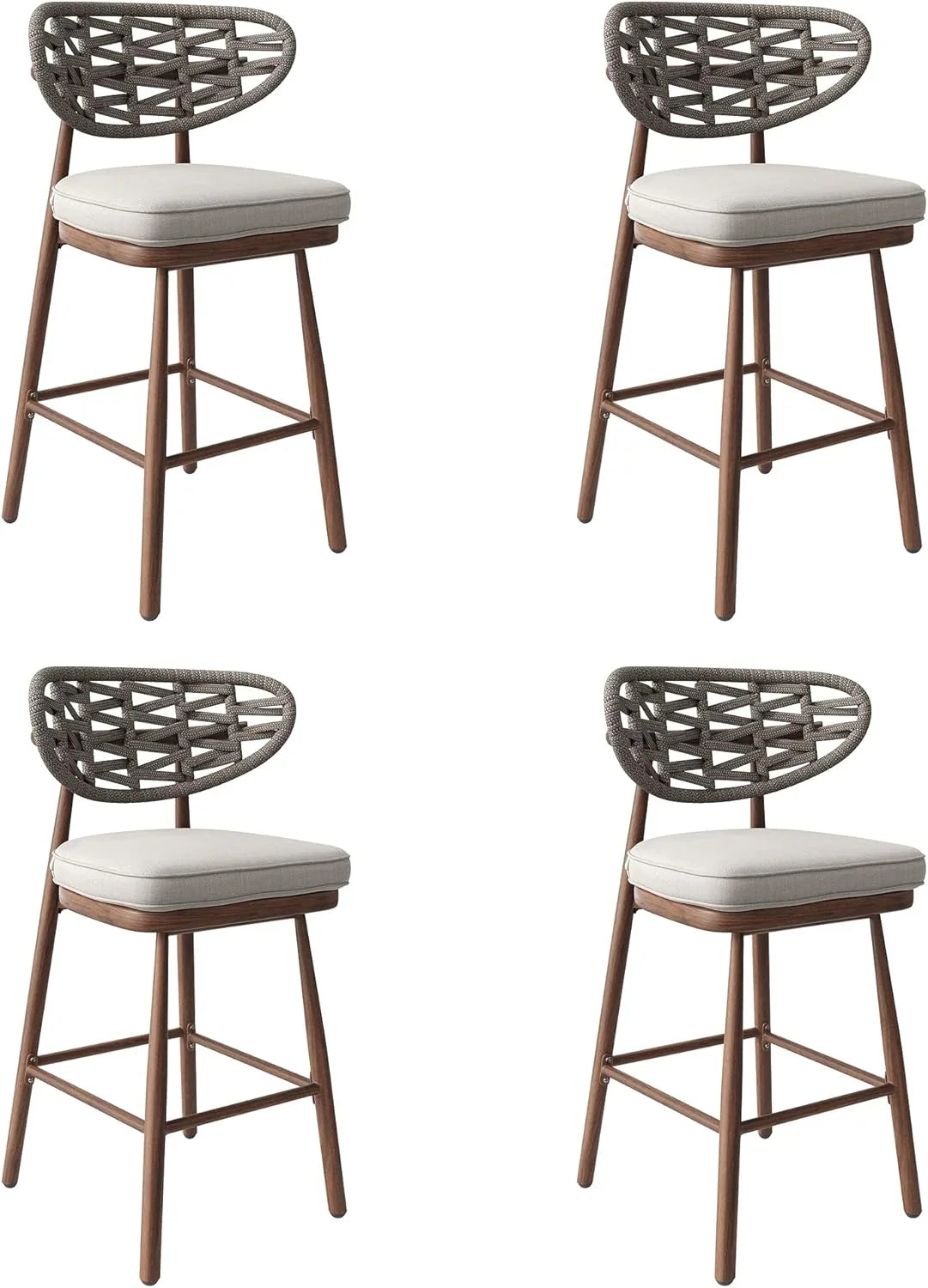 Outdoor Bar Stools Set of 2,Rattan Barstools Woven,29'' Bar Height Stools with Backrest and Teak Leg,Aluminum Bar Chairs Boho Bar Stool with Cushions,Tall Barstool for Patio,Teak