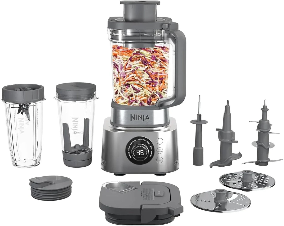 Blender and food processor combination set, powerful blender system, suitable for making smoothies, bowl foods, spreads and milkshakes, with 6 functions, 72-ounce water jug, portable cup, silver color, SS401 model.