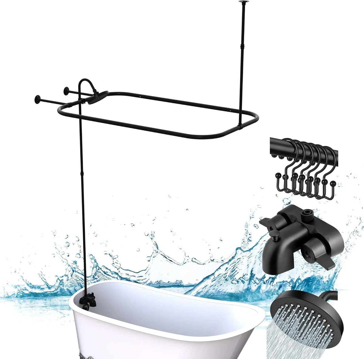 Clawfoot Tub Shower Kit, Add On Shower Units With Bathcock Diverter Faucet and 48" X 27“ Rectangular Claw foot Tub Shower Curtain Rod Kit,Claw foot Tub Shower Faucet Set,Brushed Nickel