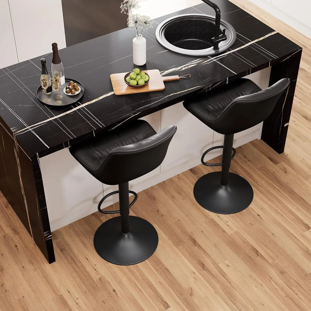 Bar stool set (2-piece) Adjustable rotating style, black color, covered with PU leather and equipped with a backrest, suitable for medium-height stools used in kitchen island or home bar.