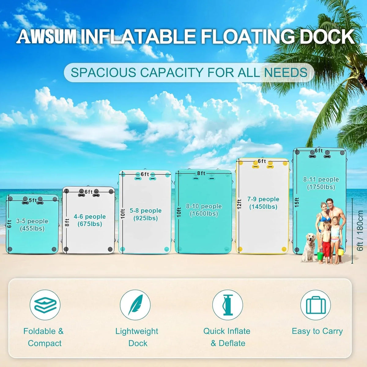 Inflatable Floating Dock Air Dock Platform Floating Island Raft with None-Slip Surface for Pool Beach Ocean