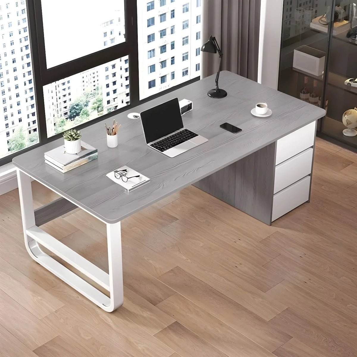 This stylish and modern office desk features an integrated cable management system, a wooden desktop, and a rectangular shape. It comes with three drawers and is ideal for both office and home use. Available in brown, it measures 63 inches in length