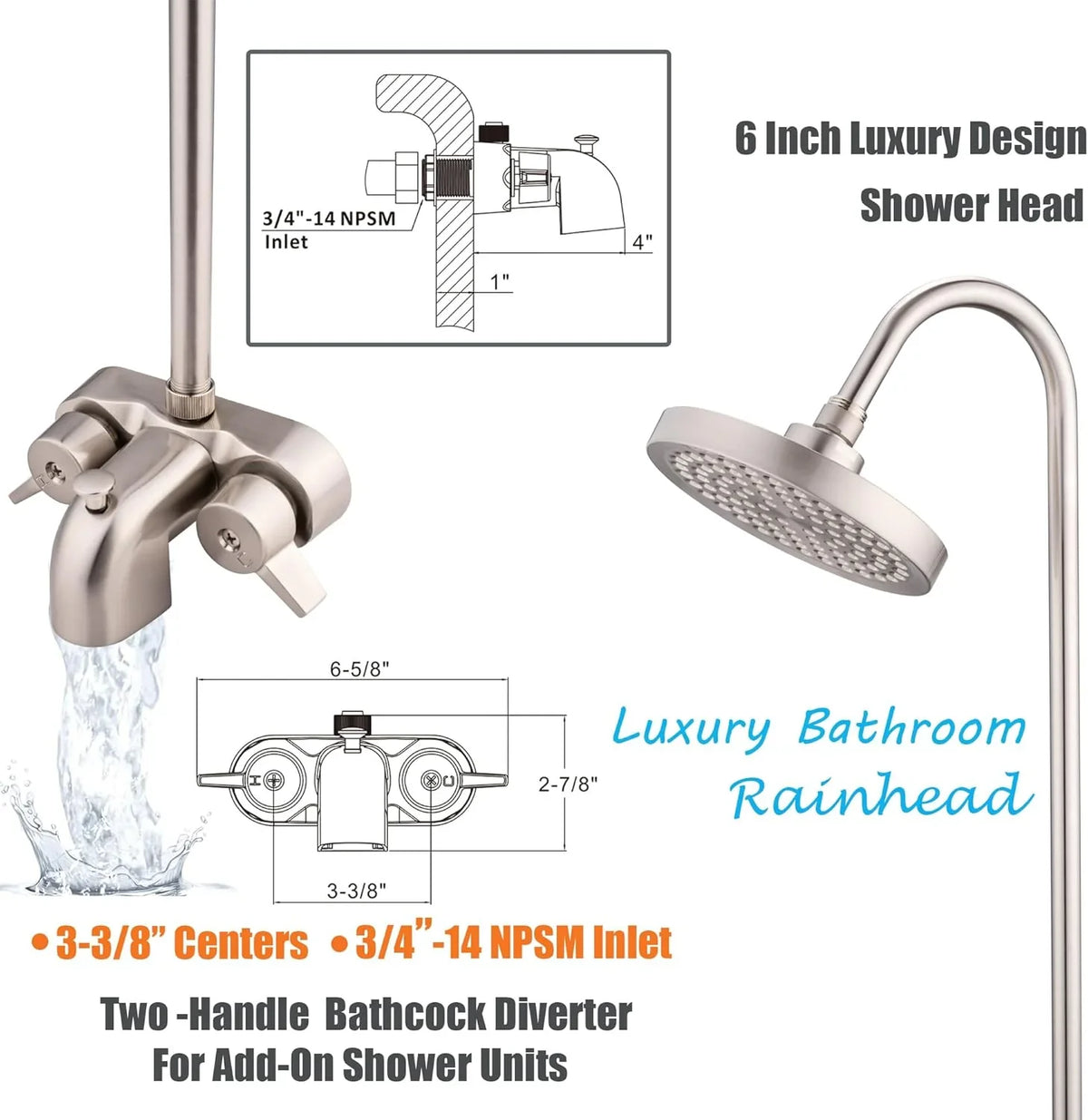Clawfoot Tub Shower Kit, Add On Shower Units With Bathcock Diverter Faucet and 48" X 27“ Rectangular Claw foot Tub Shower Curtain Rod Kit,Claw foot Tub Shower Faucet Set,Brushed Nickel