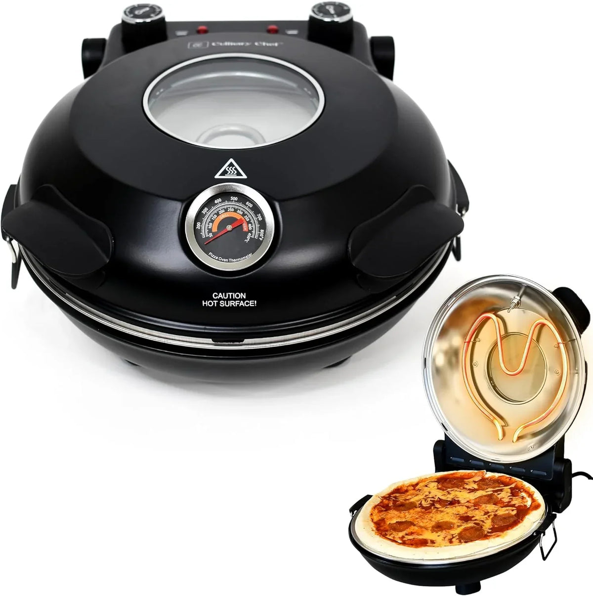 Electric Pizza Oven with Ceramic Stone, Viewing Window, Adjustable Heat Control, Timer and 1200W Baking Power, DIY Homemade Pizzeria, Large 12-- Pie Capacity (Black)