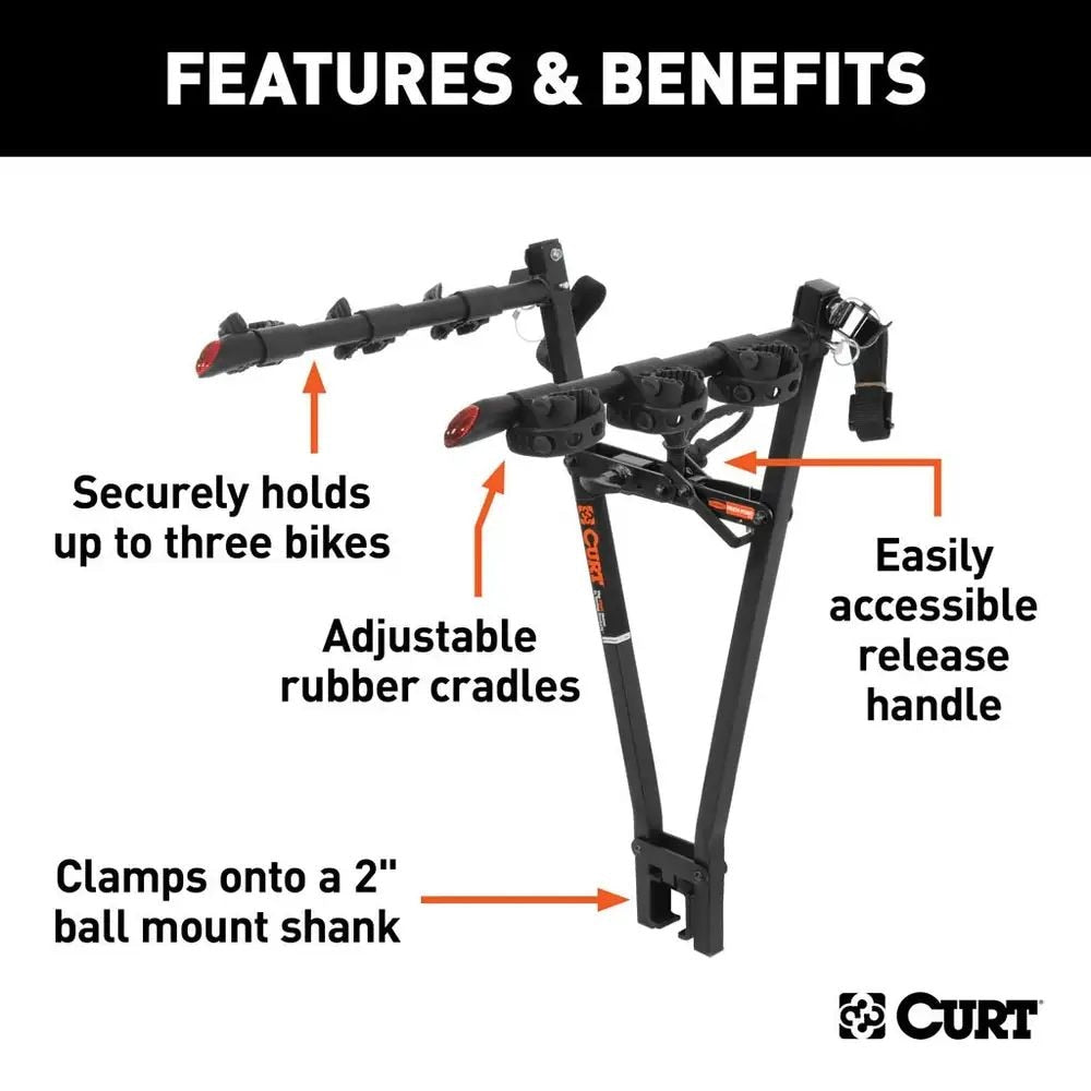 18013 Clamp-On 3-Bike Hitch Mount Bike Rack, Fits Over 2-in Receiver, Black