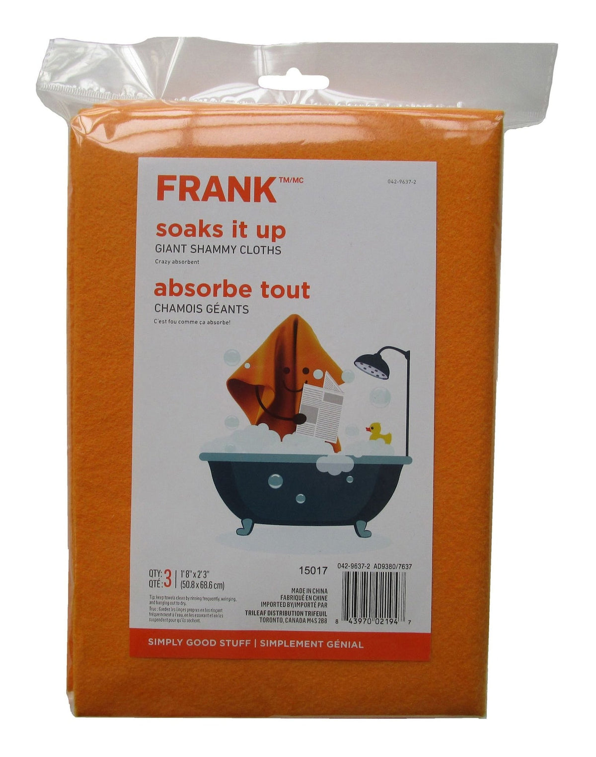 FRANK All-Purpose Machine Washable Synthetic Giant Shammy Towel, Orange, 3-pk