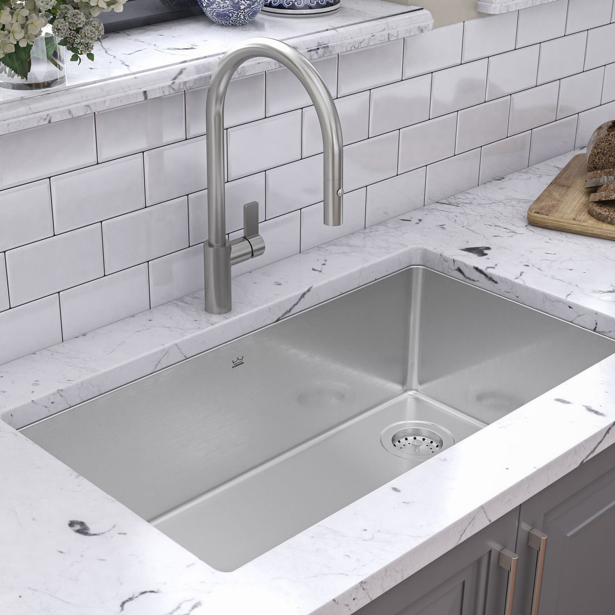 Brookmore Undermount Single Bowl Off Set Waste Kitchen Sink, 32.5-in x 18.1-in x 9-in, Stainless Steel