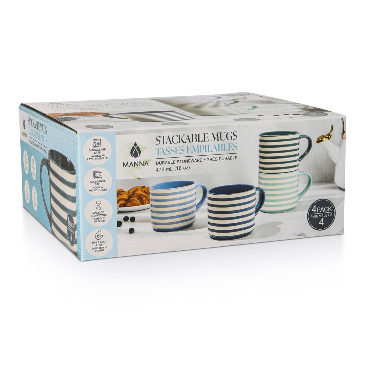 Manna Blue Strip Stackable Mugs, Assorted Colours, 4-pk