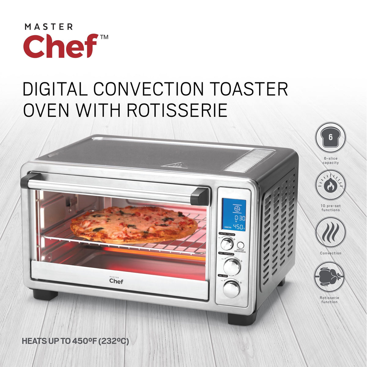 Digital Convection Toaster Oven with 10 Functions, Stainless Steel, 6-Slices