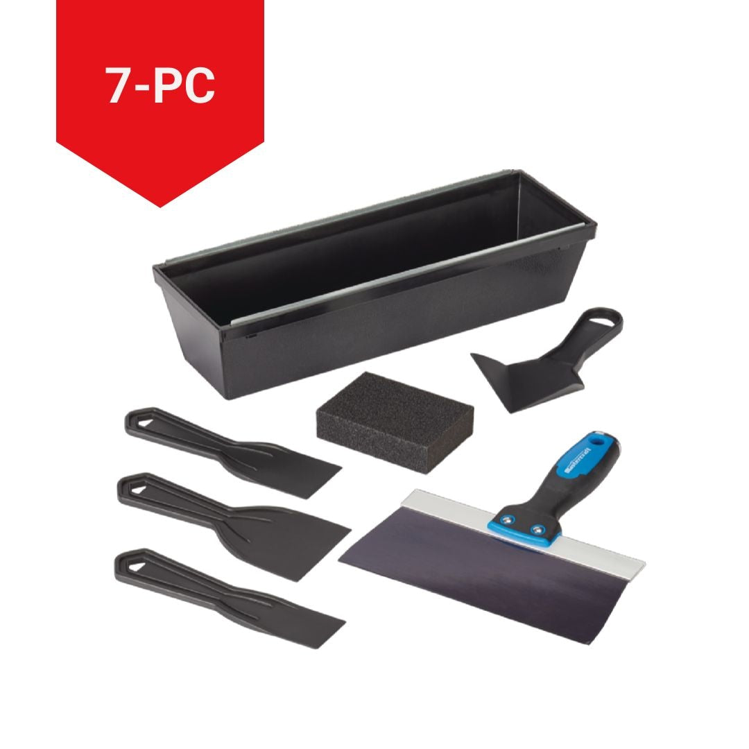 DIY Drywall Set with Mud Pan, Taping Knife, Corner Tool, Putty Knife & Sponge, 7-pc