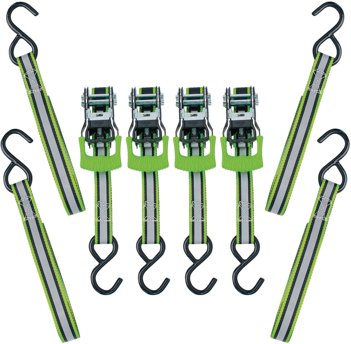 1,500-lb Reflective Ratchet Tie Down Strap, with Padded D-Handle, 1-in x 12-ft, 4-pk, Green