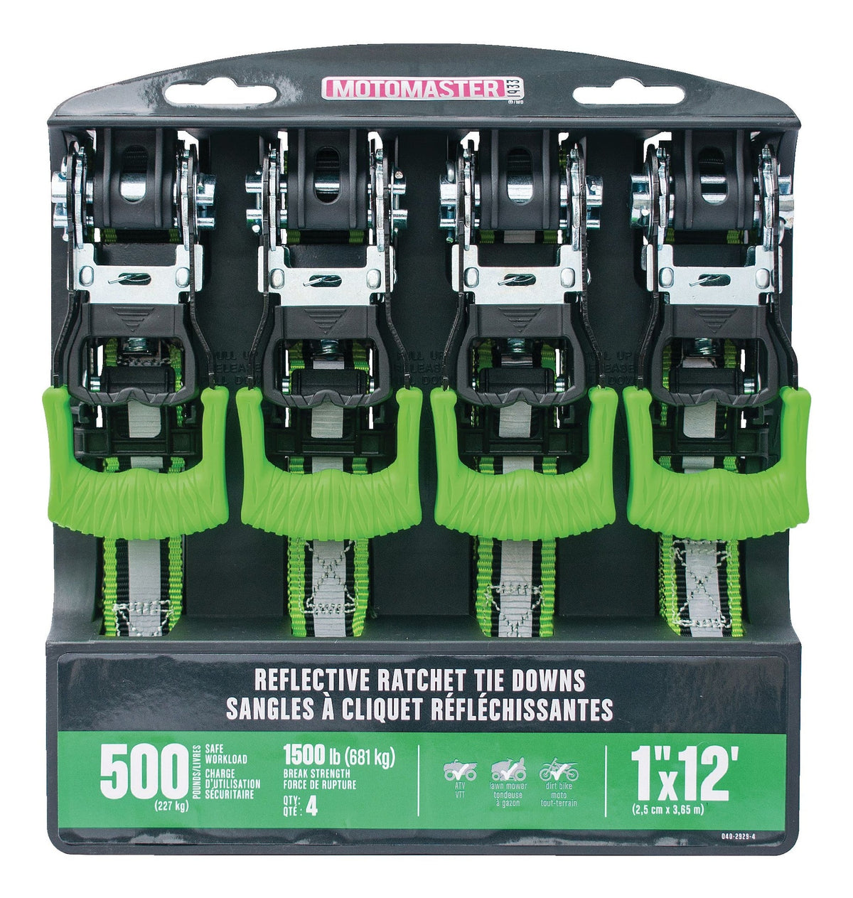 1,500-lb Reflective Ratchet Tie Down Strap, with Padded D-Handle, 1-in x 12-ft, 4-pk, Green