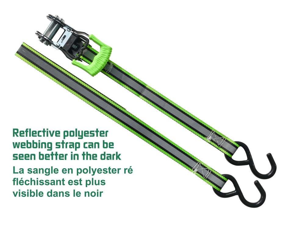 1,500-lb Reflective Ratchet Tie Down Strap, with Padded D-Handle, 1-in x 12-ft, 4-pk, Green