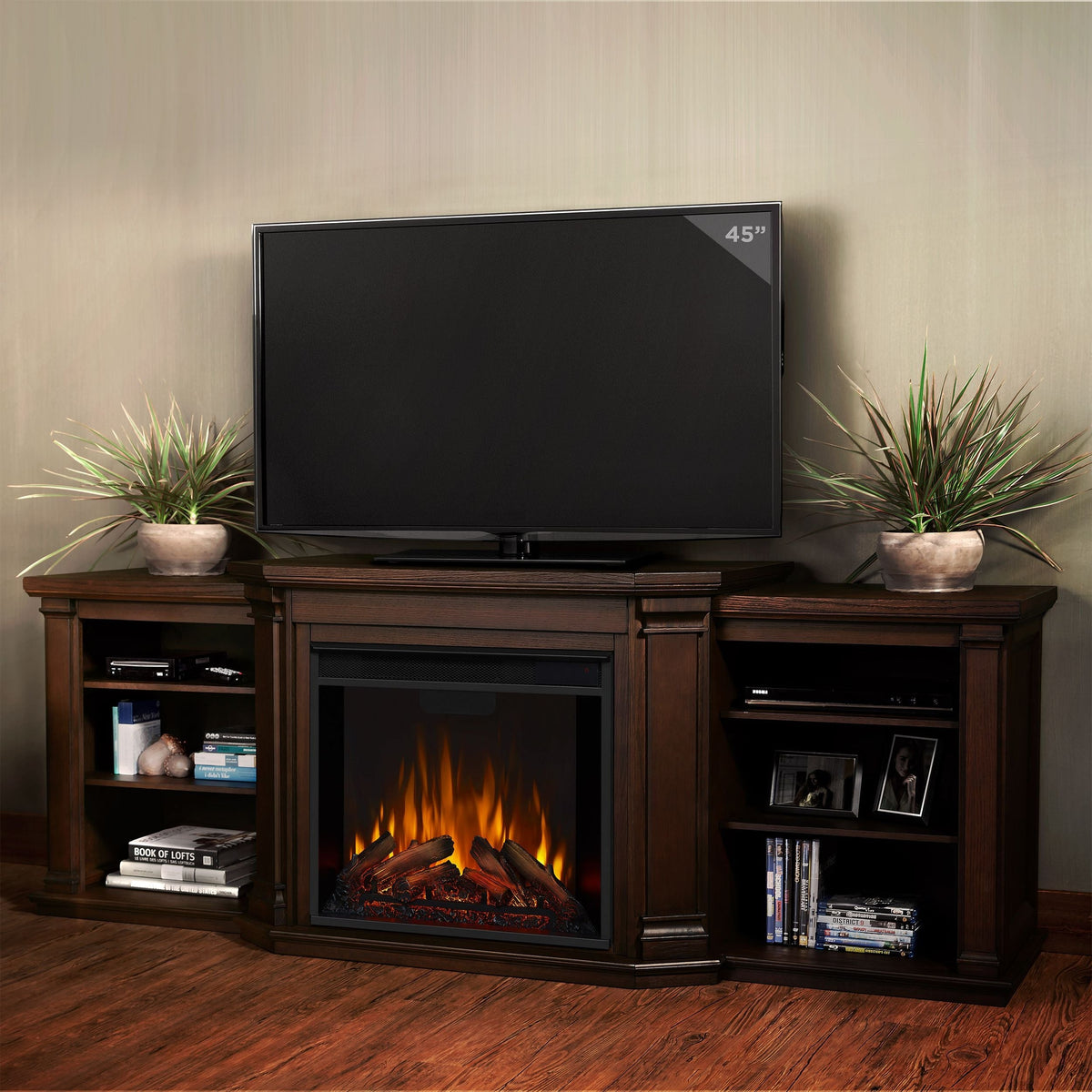 Valmont Media Indoor Electric Fireplace TV Stand, 74-in, 1500W, Includes Remote Control & Firebox, Chestnut Oak