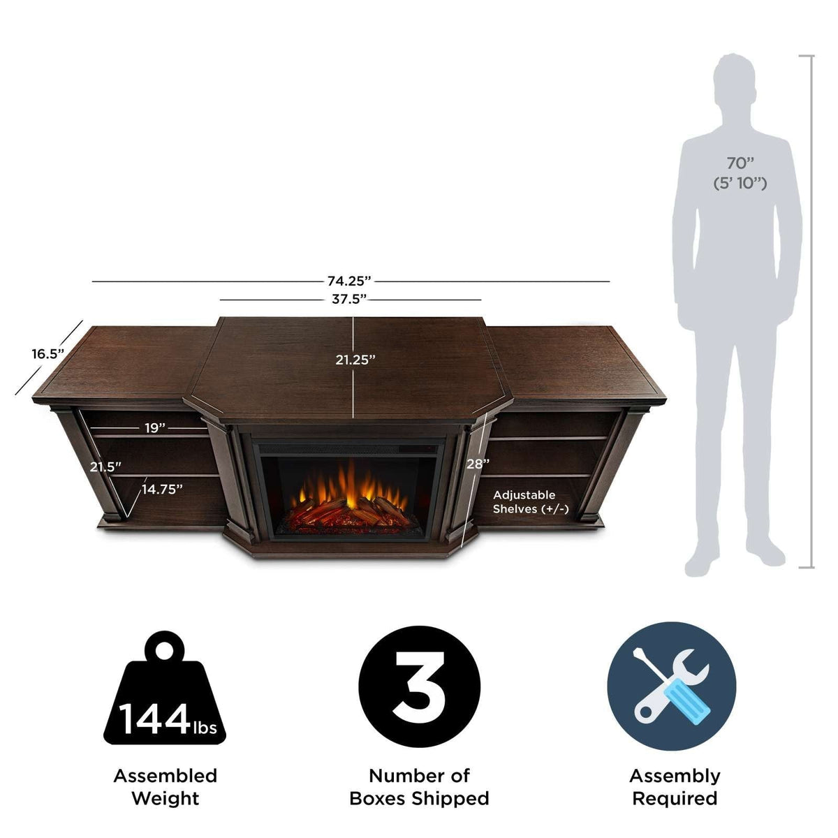 Valmont Media Indoor Electric Fireplace TV Stand, 74-in, 1500W, Includes Remote Control & Firebox, Chestnut Oak