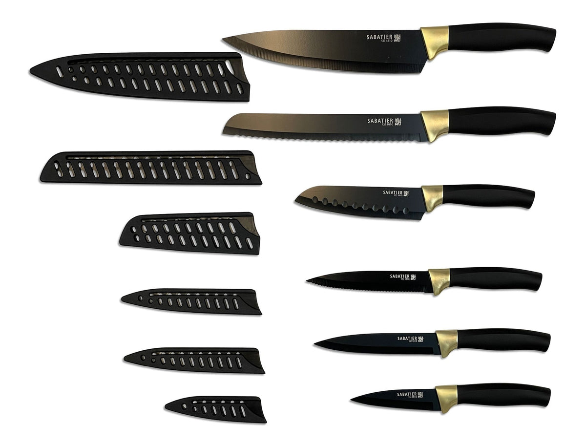 Knife Set with Covers, Black/Gold, 12-pc