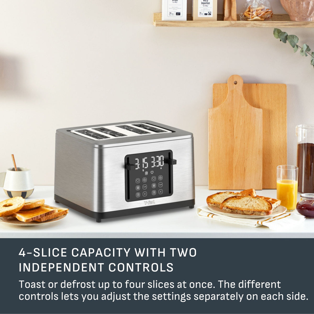 4-Slice Stainless Steel Digital Toaster, Extra wide slots, 7 Browning levels