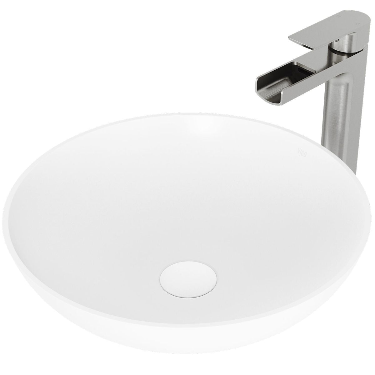 Lotus Round White Composite Bathroom Sink/Basin Set with Amada Faucet and Pop-Up Drain