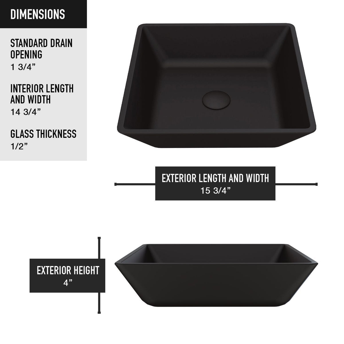 Roma Glass Square Vessel Bathroom Sink/Basin with Rounded Edges & Deep Bowl, Black