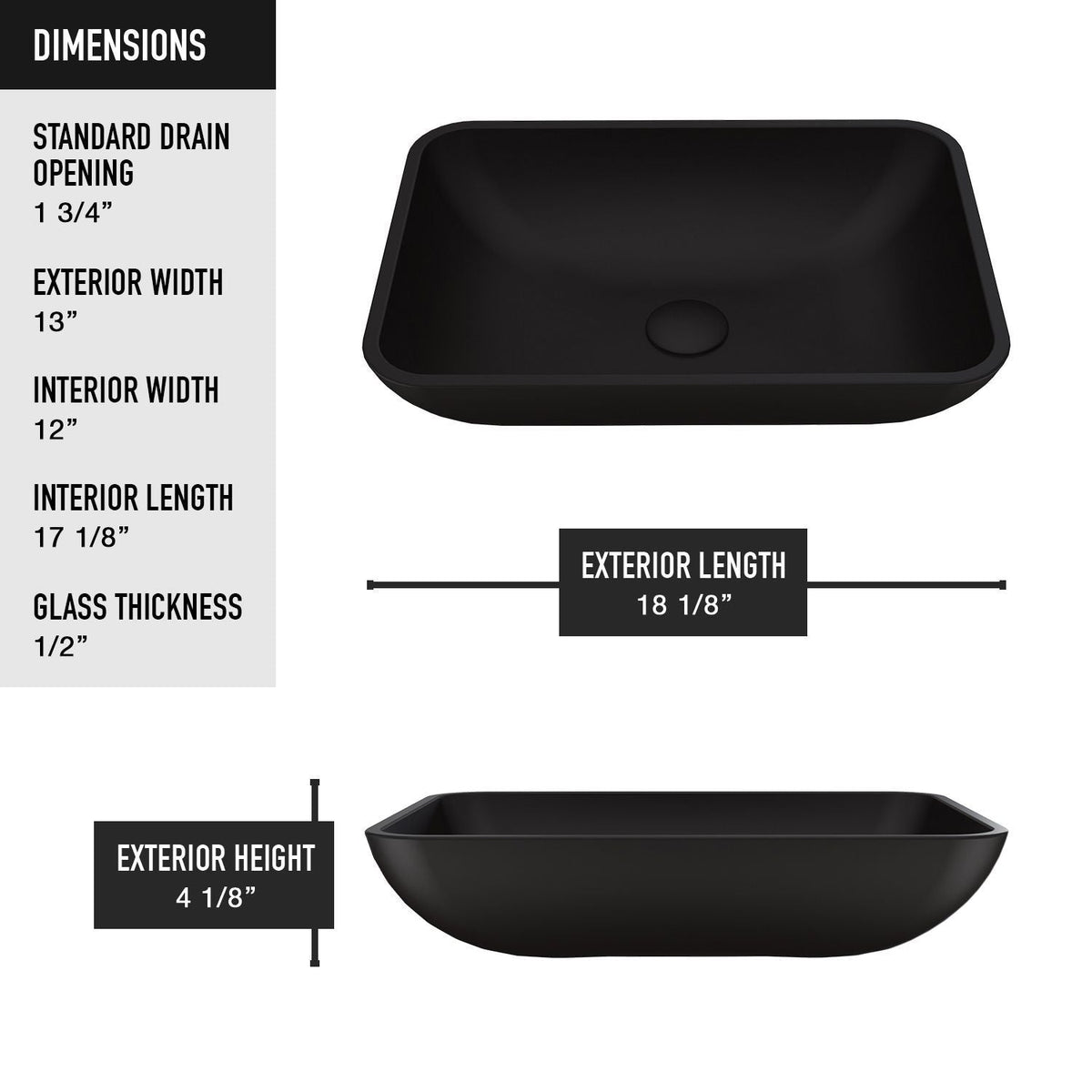 Sottile Rectangular Vessel Bathroom Sink/Basin with Deep Bowl, Black