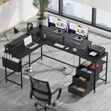 3 Drawers L Shaped Desk 63 Inch, 2 Power Strips (6 AC) and LED, Large Gaming Desk & 2 Monitor Stands, L Shape Computer Desk, Stable and Sturdy Home Office Desk, Fabric Drawers, Black