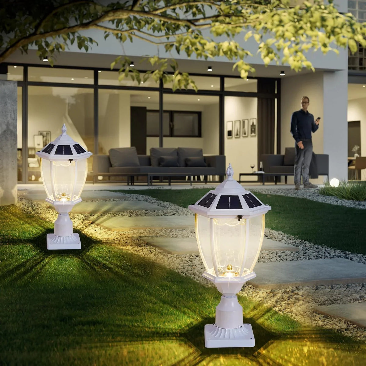 2-Heads Outdoor Solar Lamp Post Lights with Dusk to Dawn Sensor, Classic Exterior Solar Pole Lights with Waterproof, Black Street Lights with Clear Glass for Garden, Patio, Pathway, Driveway