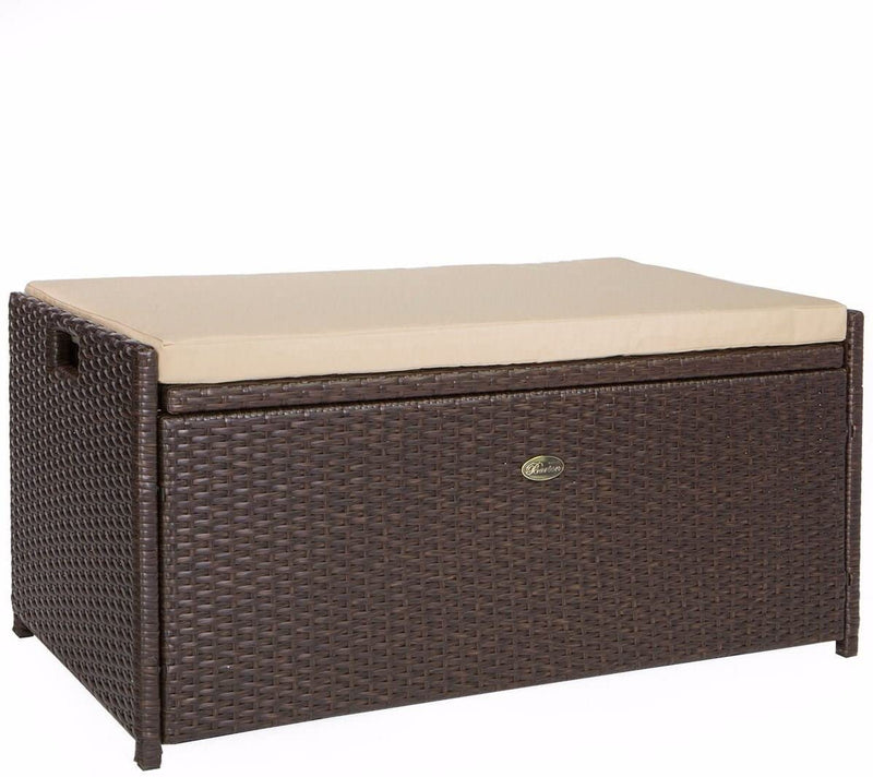 Barton Outdoor Storage Bench Rattan Style Deck Box Wicker Patio Furniture Water Resistance w/Seat Cushion, 60-Gallon, Brown L8441