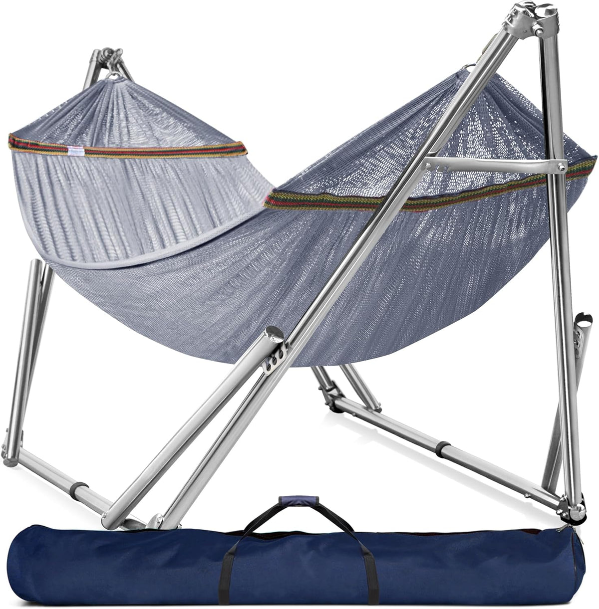 Double hammock with frame, with a load capacity of 650 pounds, double hammock with support rods, made of high-quality 201 stainless steel, assembled in 30 seconds, sturdy and flexible portable hammock frame, suitable for outdoor and indoor use, black