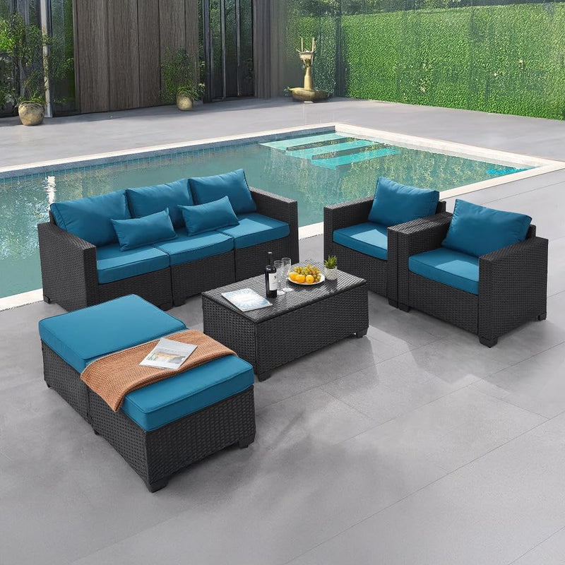 6 Pieces Outdoor Patio Furniture Sets with Furniture Cover, PE Rattan Wicker Patio Conversation Set with Tea Table (Peacock Blue, Rattan Storage Table) O9532