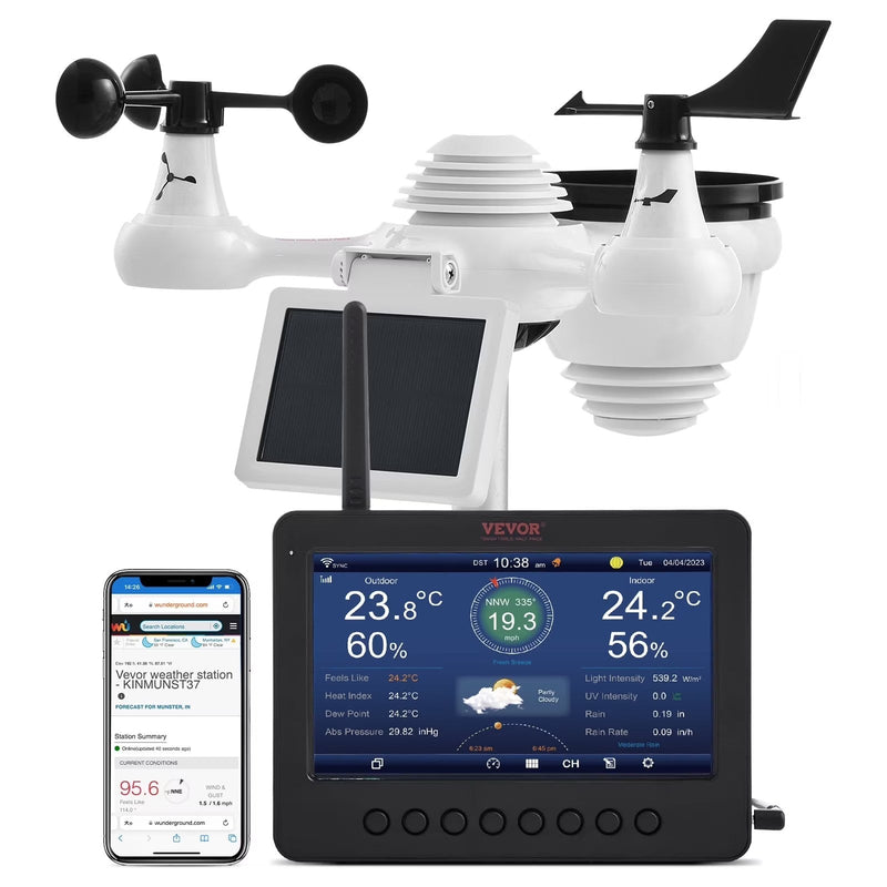 VEVOR 7-in-1 Wireless Weather Station with Wi-Fi,7 in TFT Colorful Display, Solar-Powered Outdoor Sensor, Indoor Outdoor Monitoring, Includes... Z3658