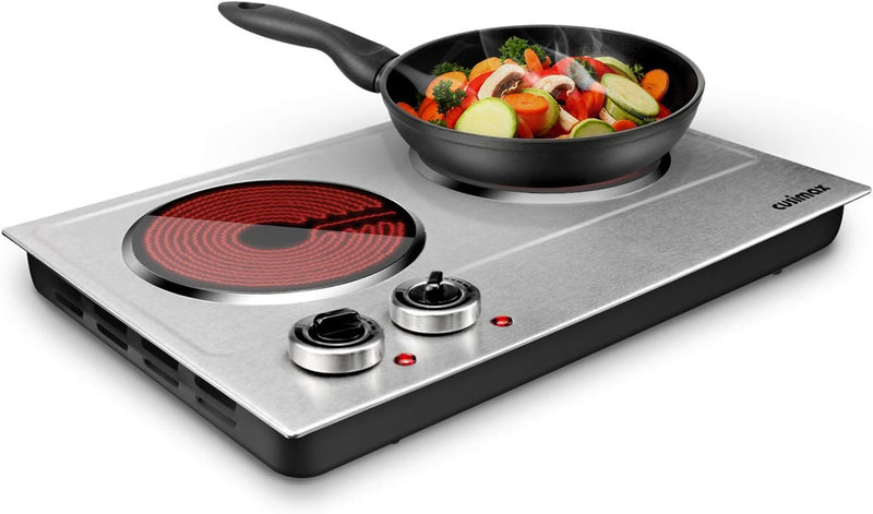 Hot Plate,1800W Ceramic Electric Hot Plate for Cooking, Dual Control Infrared Cooktop, Portable Countertop Burner, Glass Plate Electric Cooktop, Silver, Stainless Steel U8991