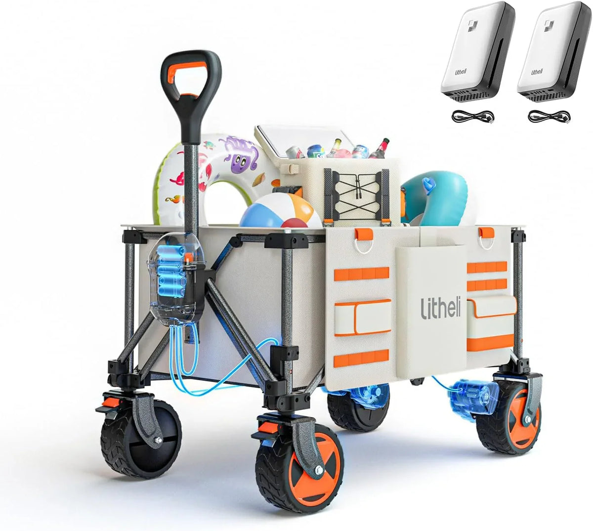 Utility truck, with a capacity of 200 liters and a load capacity of 300 pounds, featuring a foldable heavy-duty design, equipped with all-terrain wheels, featuring variable speed drive and battery power functions, suitable for camping, beaches, garde