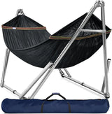Double hammock with frame, with a load capacity of 650 pounds, double hammock with support rods, made of high-quality 201 stainless steel, assembled in 30 seconds, sturdy and flexible portable hammock frame, suitable for outdoor and indoor use, black