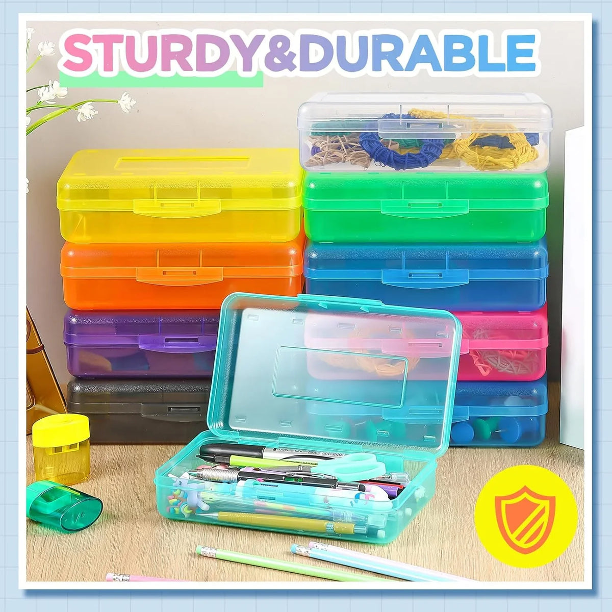 100-piece set. Large-capacity transparent pencil case. Large-capacity hard plastic crayon case. Large-capacity classroom storage box. Suitable for both boys and girls (in various colors)