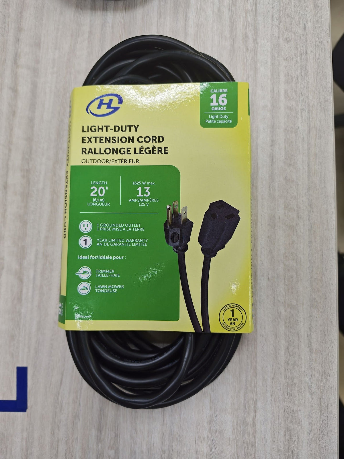 20' 16 Gauge 1-Tap Outdoor Extension Cord, Black