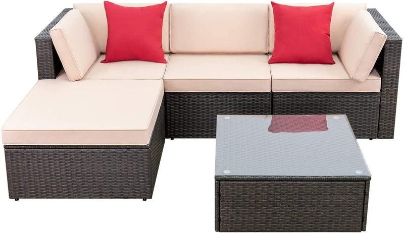 5 Pieces Patio Furniture Sets All Weather Outdoor Sectional Patio Sofa Manual Weaving Wicker Rattan Patio Seating Sofas with Cushion and Glass Table(Beige) U8887
