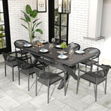 Extendable Patio Dining Table for 6-8, 63''-83'' Outdoor Aluminum Table w/Umbrella Hole, Rectangle Slatted Tabletop, Metal X-Trestle for Meals Garden Deck Backyard Gathering Party - Light Brown