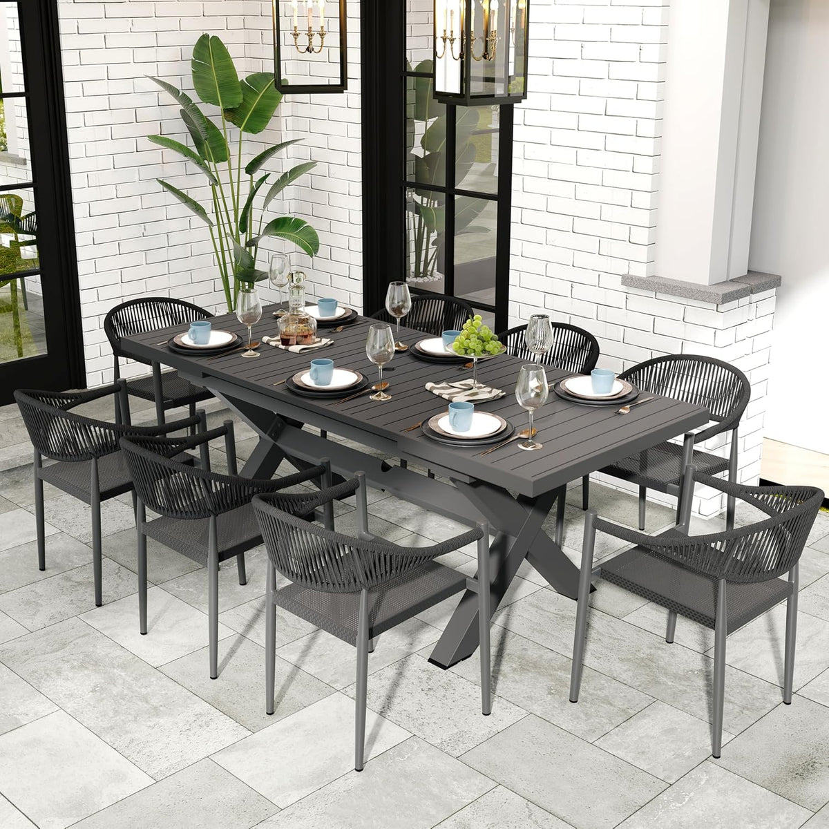 Extendable Patio Dining Table for 6-8, 63''-83'' Outdoor Aluminum Table w/Umbrella Hole, Rectangle Slatted Tabletop, Metal X-Trestle for Meals Garden Deck Backyard Gathering Party - Light Brown
