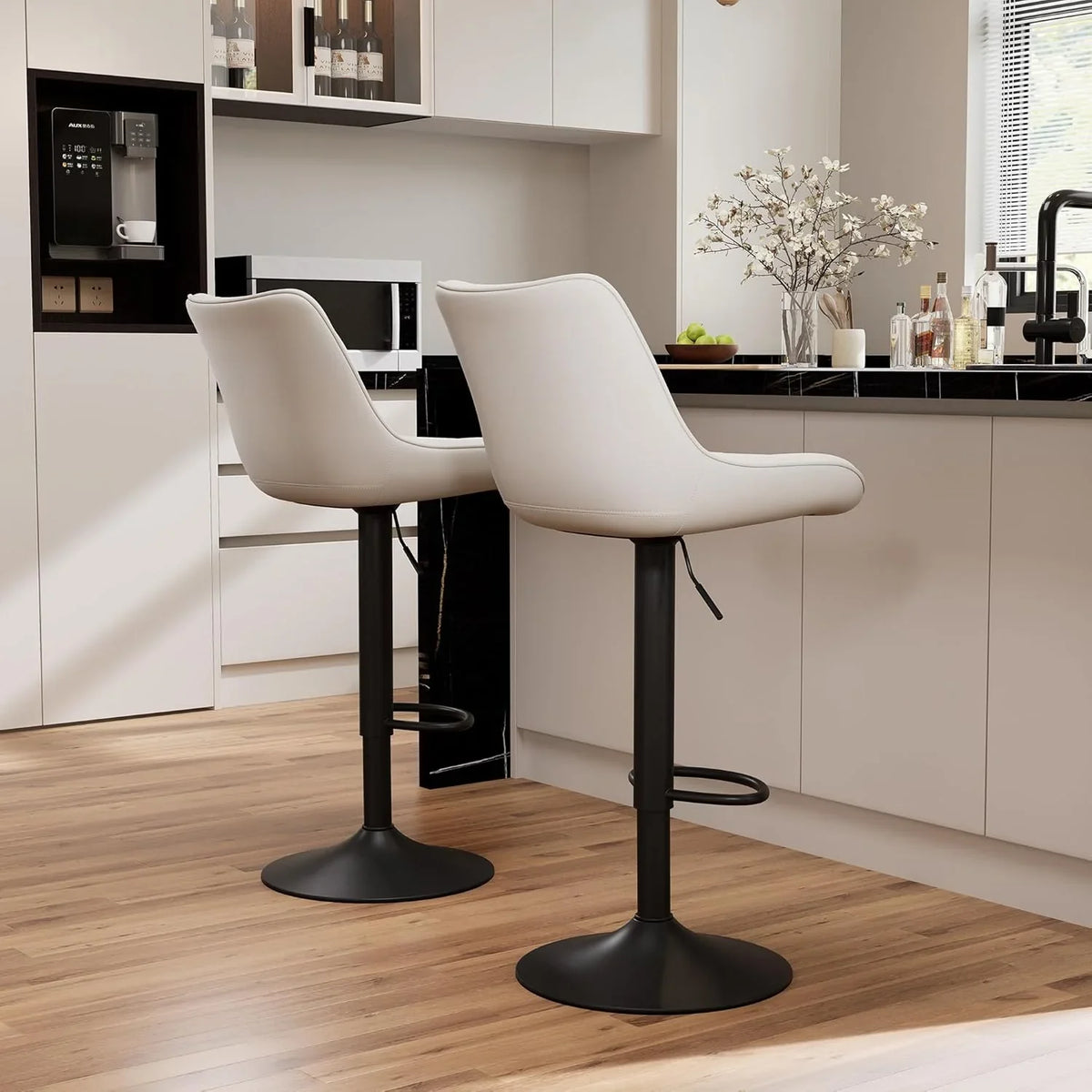 Bar stool set (2-piece) Adjustable rotating style, black color, covered with PU leather and equipped with a backrest, suitable for medium-height stools used in kitchen island or home bar.